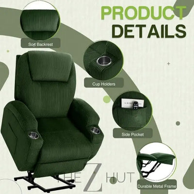 Electric Power Lift Recliner Chair with Massage for Elderly Corduroy Fabric Recliner Single Sofa with Cup Holders, Side Pockets and Remote Control for Living Room Bedroom (Green) THE Z HUT