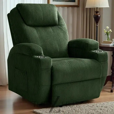Electric Power Lift Recliner Chair with Massage for Elderly Corduroy Fabric Recliner Single Sofa with Cup Holders, Side Pockets and Remote Control for Living Room Bedroom (Green) THE Z HUT