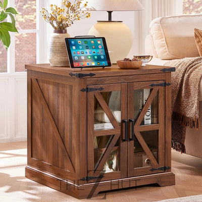 Farmhouse End Table Set of 2 with Charging Station, 24" Large Sofa Side Table with Glass Barn Door, Night Stand with Adjustable Shelf, Wood Nightstand, Square Bed Side Table for Living Room,Bedroom THE Z HUT