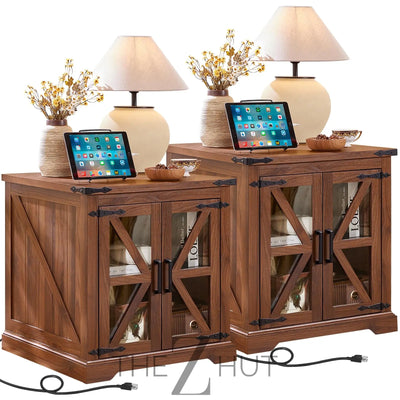 Farmhouse End Table Set of 2 with Charging Station, 24" Large Sofa Side Table with Glass Barn Door, Night Stand with Adjustable Shelf, Wood Nightstand, Square Bed Side Table for Living Room,Bedroom THE Z HUT