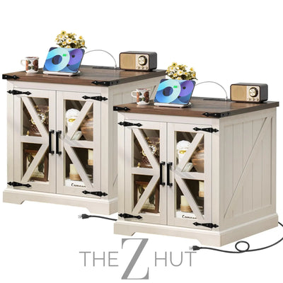 Farmhouse End Table Set of 2 with Charging Station, 24" Large Sofa Side Table with Glass Barn Door, Night Stand with Adjustable Shelf, Wood Nightstand, Square Bed Side Table for Living Room,Bedroom THE Z HUT