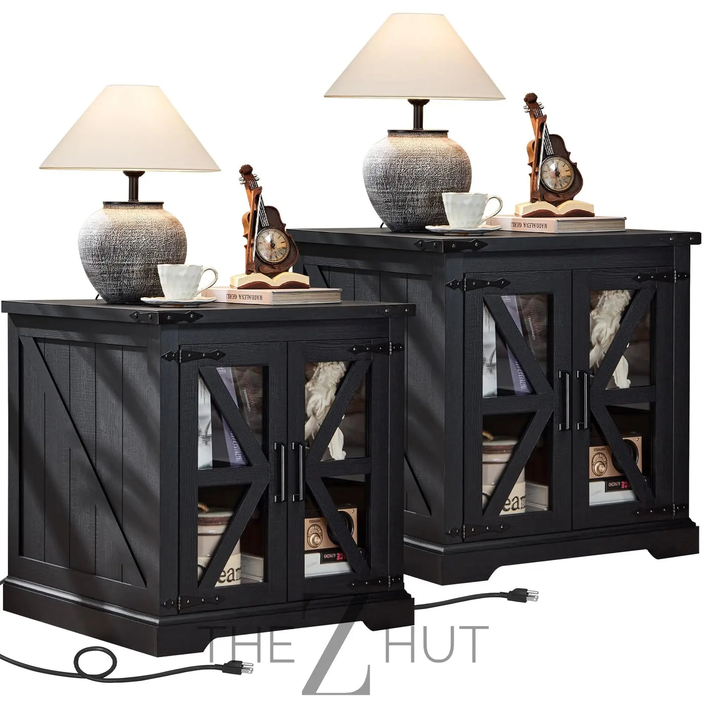 Farmhouse End Table Set of 2 with Charging Station, 24" Large Sofa Side Table with Glass Barn Door, Night Stand with Adjustable Shelf, Wood Nightstand, Square Bed Side Table for Living Room,Bedroom THE Z HUT