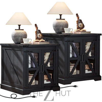Farmhouse End Table Set of 2 with Charging Station, 24" Large Sofa Side Table with Glass Barn Door, Night Stand with Adjustable Shelf, Wood Nightstand, Square Bed Side Table for Living Room,Bedroom THE Z HUT
