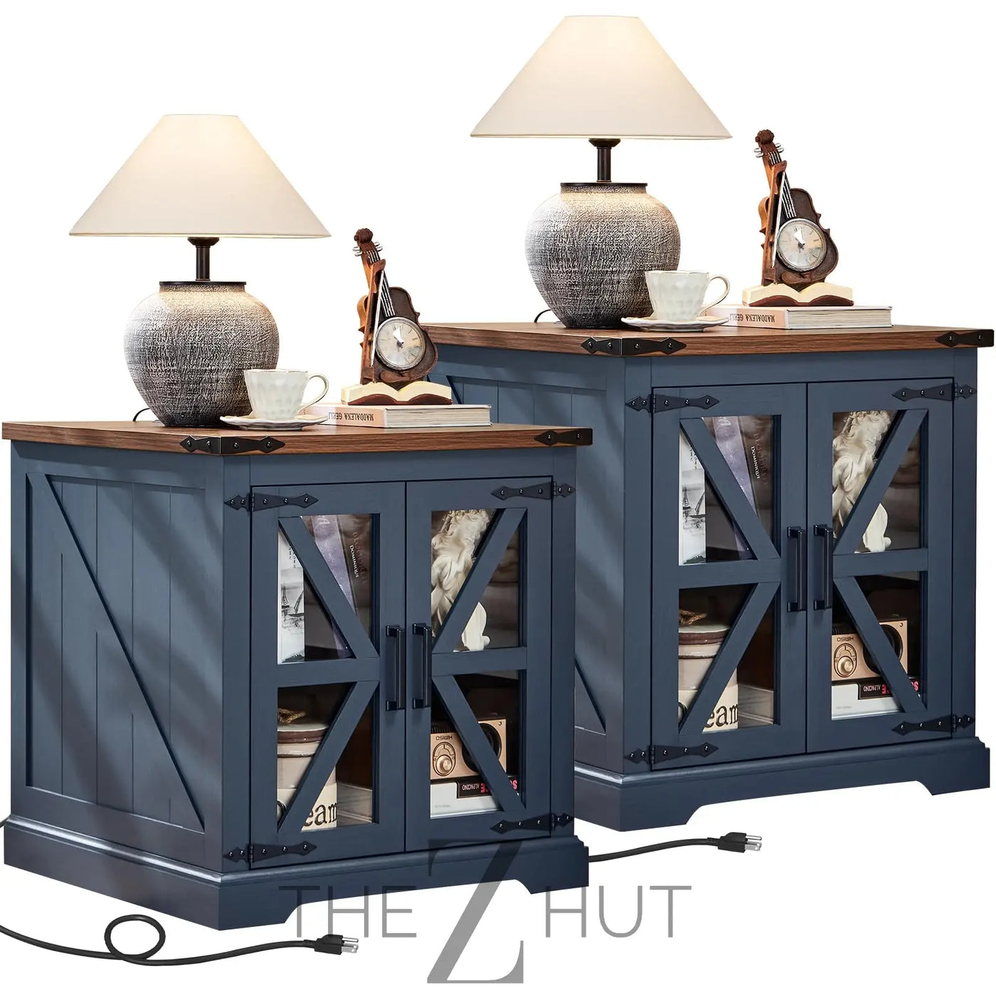 Farmhouse End Table Set of 2 with Charging Station, 24" Large Sofa Side Table with Glass Barn Door, Night Stand with Adjustable Shelf, Wood Nightstand, Square Bed Side Table for Living Room,Bedroom THE Z HUT