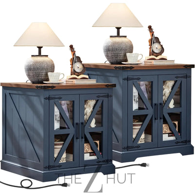 Farmhouse End Table Set of 2 with Charging Station, 24" Large Sofa Side Table with Glass Barn Door, Night Stand with Adjustable Shelf, Wood Nightstand, Square Bed Side Table for Living Room,Bedroom THE Z HUT
