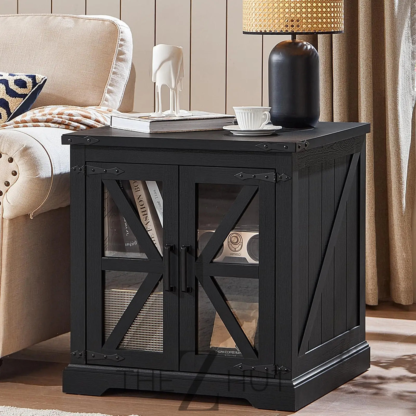 Farmhouse End Table Set of 2 with Charging Station, 24" Large Sofa Side Table with Glass Barn Door, Night Stand with Adjustable Shelf, Wood Nightstand, Square Bed Side Table for Living Room,Bedroom THE Z HUT