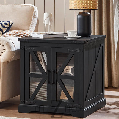 Farmhouse End Table Set of 2 with Charging Station, 24" Large Sofa Side Table with Glass Barn Door, Night Stand with Adjustable Shelf, Wood Nightstand, Square Bed Side Table for Living Room,Bedroom THE Z HUT