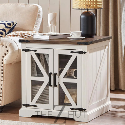 Farmhouse End Table Set of 2 with Charging Station, 24" Large Sofa Side Table with Glass Barn Door, Night Stand with Adjustable Shelf, Wood Nightstand, Square Bed Side Table for Living Room,Bedroom THE Z HUT