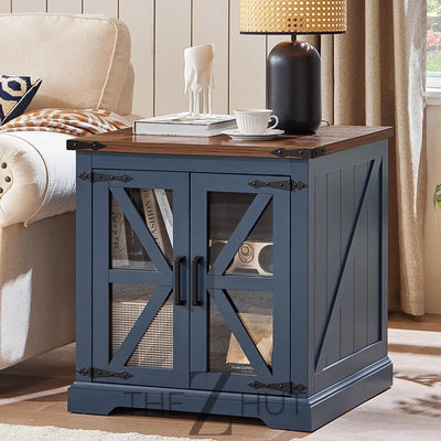 Farmhouse End Table Set of 2 with Charging Station, 24" Large Sofa Side Table with Glass Barn Door, Night Stand with Adjustable Shelf, Wood Nightstand, Square Bed Side Table for Living Room,Bedroom THE Z HUT