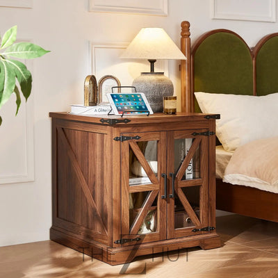 Farmhouse End Table Set of 2 with Charging Station, 24" Large Sofa Side Table with Glass Barn Door, Night Stand with Adjustable Shelf, Wood Nightstand, Square Bed Side Table for Living Room,Bedroom THE Z HUT