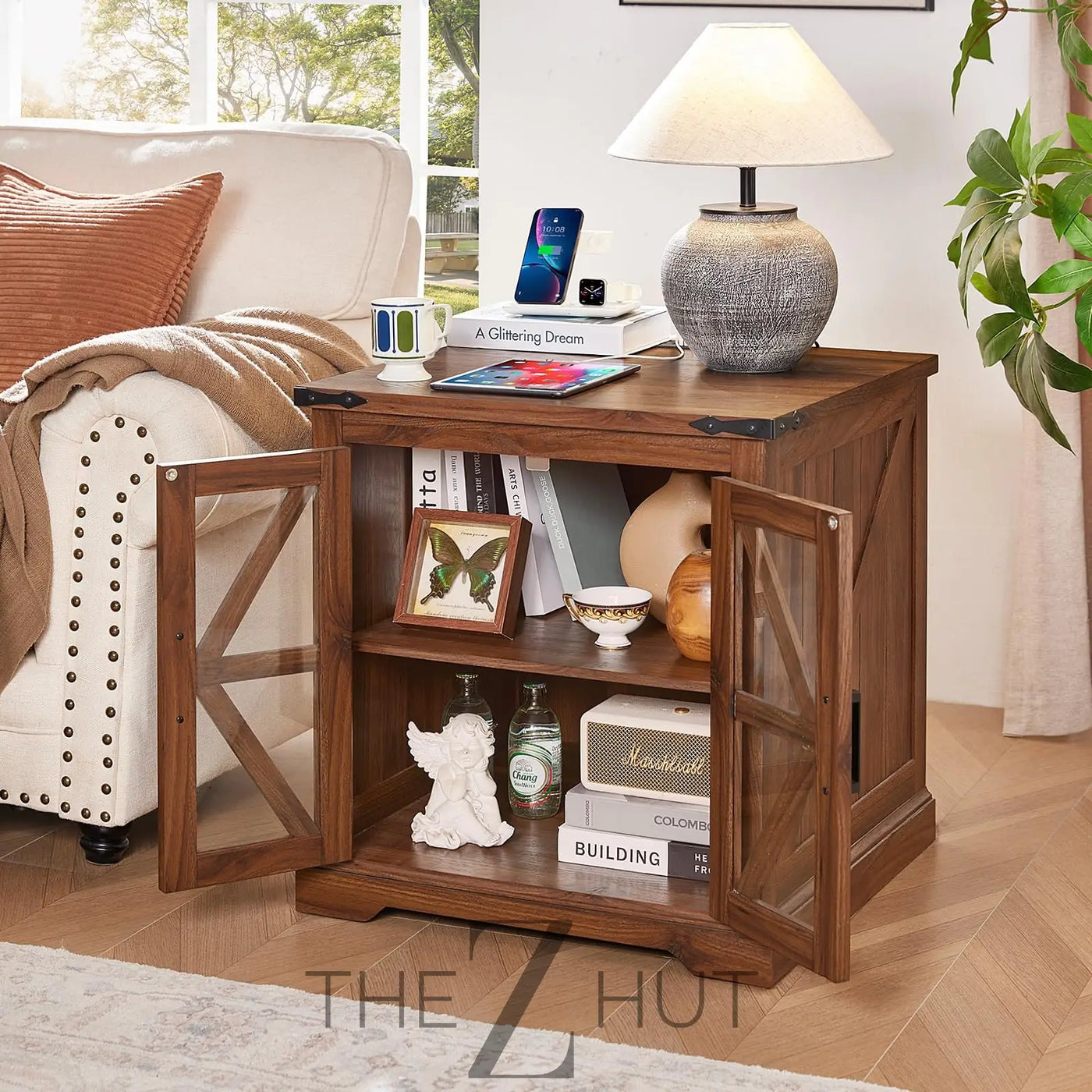 Farmhouse End Table Set of 2 with Charging Station, 24" Large Sofa Side Table with Glass Barn Door, Night Stand with Adjustable Shelf, Wood Nightstand, Square Bed Side Table for Living Room,Bedroom THE Z HUT