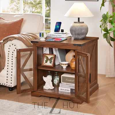 Farmhouse End Table Set of 2 with Charging Station, 24" Large Sofa Side Table with Glass Barn Door, Night Stand with Adjustable Shelf, Wood Nightstand, Square Bed Side Table for Living Room,Bedroom THE Z HUT