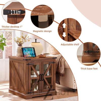 Farmhouse End Table Set of 2 with Charging Station, 24" Large Sofa Side Table with Glass Barn Door, Night Stand with Adjustable Shelf, Wood Nightstand, Square Bed Side Table for Living Room,Bedroom THE Z HUT