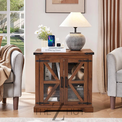 Farmhouse End Table Set of 2 with Charging Station, 24" Large Sofa Side Table with Glass Barn Door, Night Stand with Adjustable Shelf, Wood Nightstand, Square Bed Side Table for Living Room,Bedroom THE Z HUT