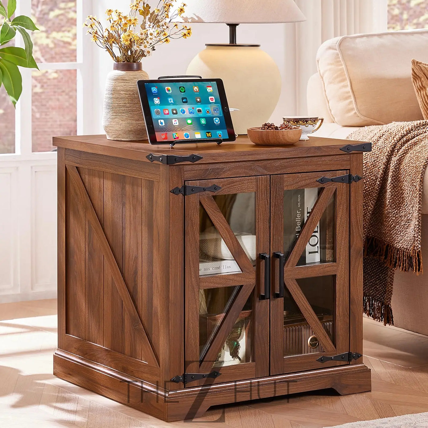 Farmhouse End Table Set of 2 with Charging Station, 24" Large Sofa Side Table with Glass Barn Door, Night Stand with Adjustable Shelf, Wood Nightstand, Square Bed Side Table for Living Room,Bedroom THE Z HUT