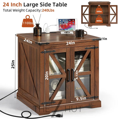 Farmhouse End Table Set of 2 with Charging Station, 24" Large Sofa Side Table with Glass Barn Door, Night Stand with Adjustable Shelf, Wood Nightstand, Square Bed Side Table for Living Room,Bedroom THE Z HUT