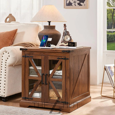 Farmhouse End Table Set of 2 with Charging Station, 24" Large Sofa Side Table with Glass Barn Door, Night Stand with Adjustable Shelf, Wood Nightstand, Square Bed Side Table for Living Room,Bedroom THE Z HUT
