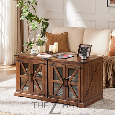 Farmhouse End Table Set of 2 with Charging Station, 24" Large Sofa Side Table with Glass Barn Door, Night Stand with Adjustable Shelf, Wood Nightstand, Square Bed Side Table for Living Room,Bedroom THE Z HUT