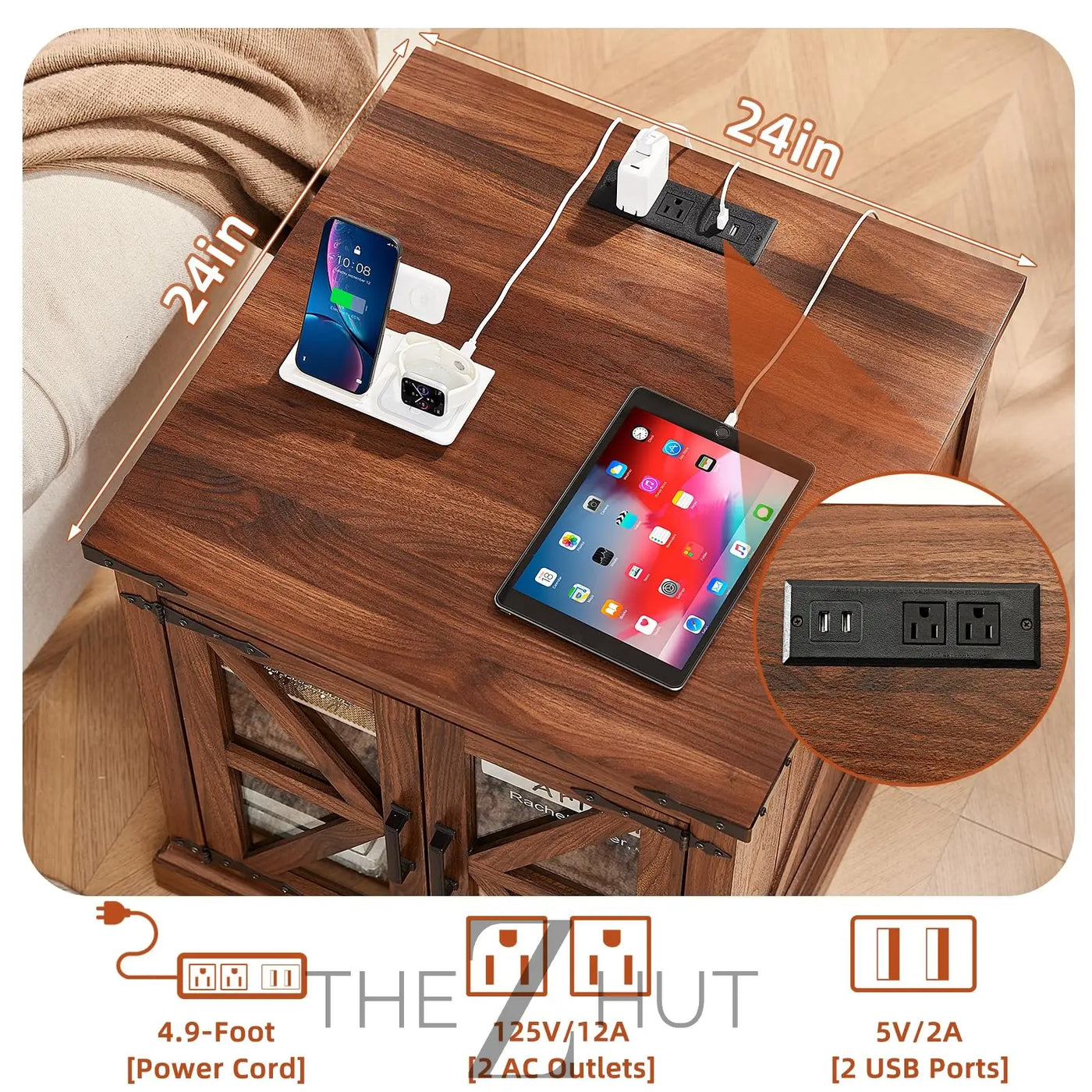 Farmhouse End Table Set of 2 with Charging Station, 24" Large Sofa Side Table with Glass Barn Door, Night Stand with Adjustable Shelf, Wood Nightstand, Square Bed Side Table for Living Room,Bedroom THE Z HUT