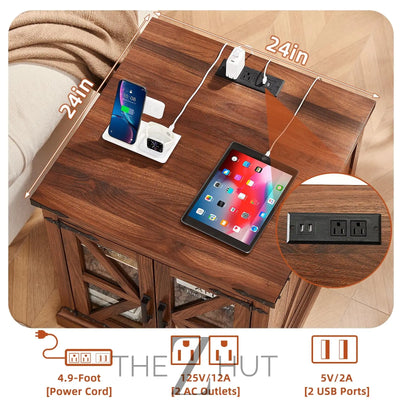 Farmhouse End Table Set of 2 with Charging Station, 24" Large Sofa Side Table with Glass Barn Door, Night Stand with Adjustable Shelf, Wood Nightstand, Square Bed Side Table for Living Room,Bedroom THE Z HUT