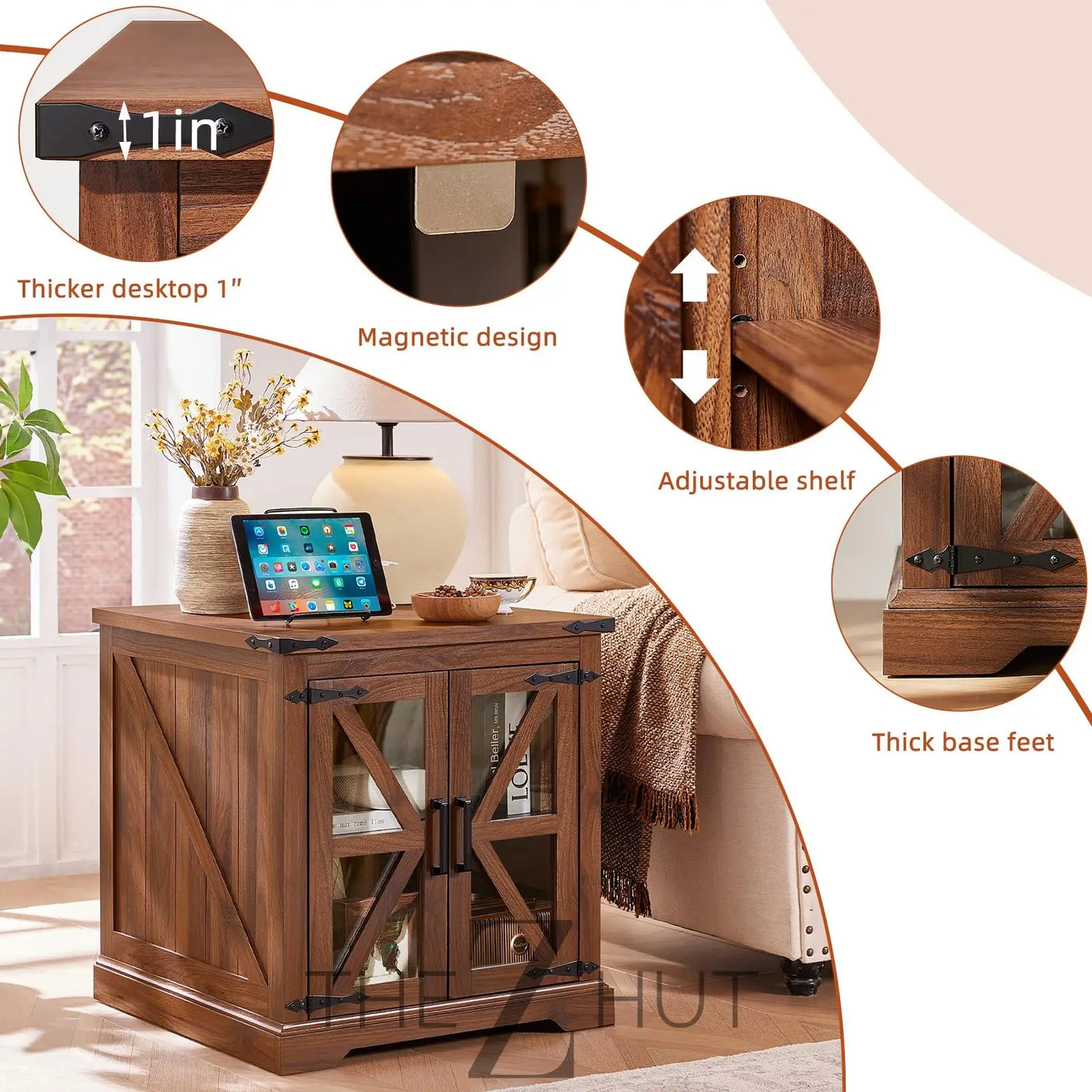 Farmhouse End Table Set of 2 with Charging Station, 24" Large Sofa Side Table with Glass Barn Door, Night Stand with Adjustable Shelf, Wood Nightstand, Square Bed Side Table for Living Room,Bedroom THE Z HUT