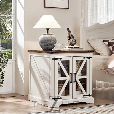Farmhouse End Table Set of 2 with Charging Station, 24" Large Sofa Side Table with Glass Barn Door, Night Stand with Adjustable Shelf, Wood Nightstand, Square Bed Side Table for Living Room,Bedroom THE Z HUT