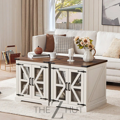 Farmhouse End Table Set of 2 with Charging Station, 24" Large Sofa Side Table with Glass Barn Door, Night Stand with Adjustable Shelf, Wood Nightstand, Square Bed Side Table for Living Room,Bedroom THE Z HUT