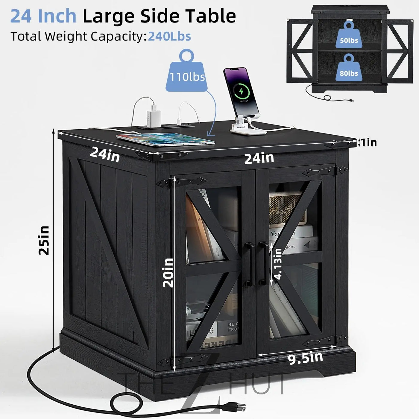 Farmhouse End Table Set of 2 with Charging Station, 24" Large Sofa Side Table with Glass Barn Door, Night Stand with Adjustable Shelf, Wood Nightstand, Square Bed Side Table for Living Room,Bedroom THE Z HUT