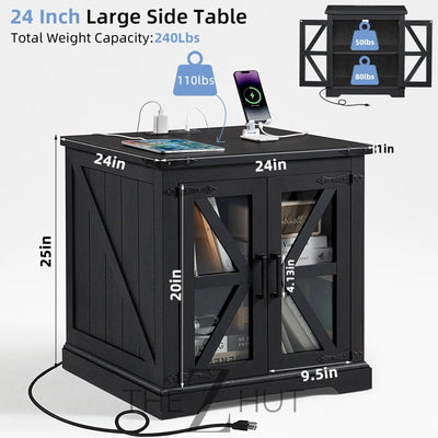 Farmhouse End Table Set of 2 with Charging Station, 24" Large Sofa Side Table with Glass Barn Door, Night Stand with Adjustable Shelf, Wood Nightstand, Square Bed Side Table for Living Room,Bedroom THE Z HUT