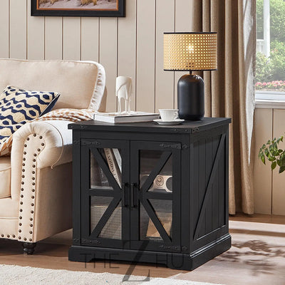 Farmhouse End Table Set of 2 with Charging Station, 24" Large Sofa Side Table with Glass Barn Door, Night Stand with Adjustable Shelf, Wood Nightstand, Square Bed Side Table for Living Room,Bedroom THE Z HUT