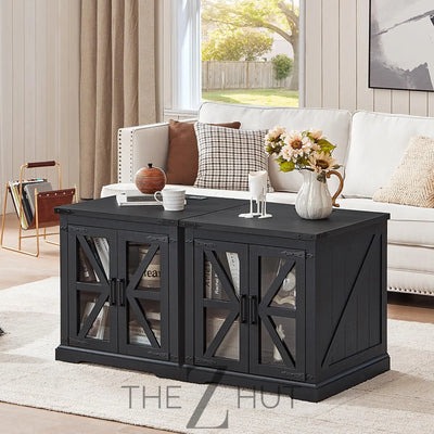 Farmhouse End Table Set of 2 with Charging Station, 24" Large Sofa Side Table with Glass Barn Door, Night Stand with Adjustable Shelf, Wood Nightstand, Square Bed Side Table for Living Room,Bedroom THE Z HUT