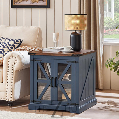 Farmhouse End Table Set of 2 with Charging Station, 24" Large Sofa Side Table with Glass Barn Door, Night Stand with Adjustable Shelf, Wood Nightstand, Square Bed Side Table for Living Room,Bedroom THE Z HUT