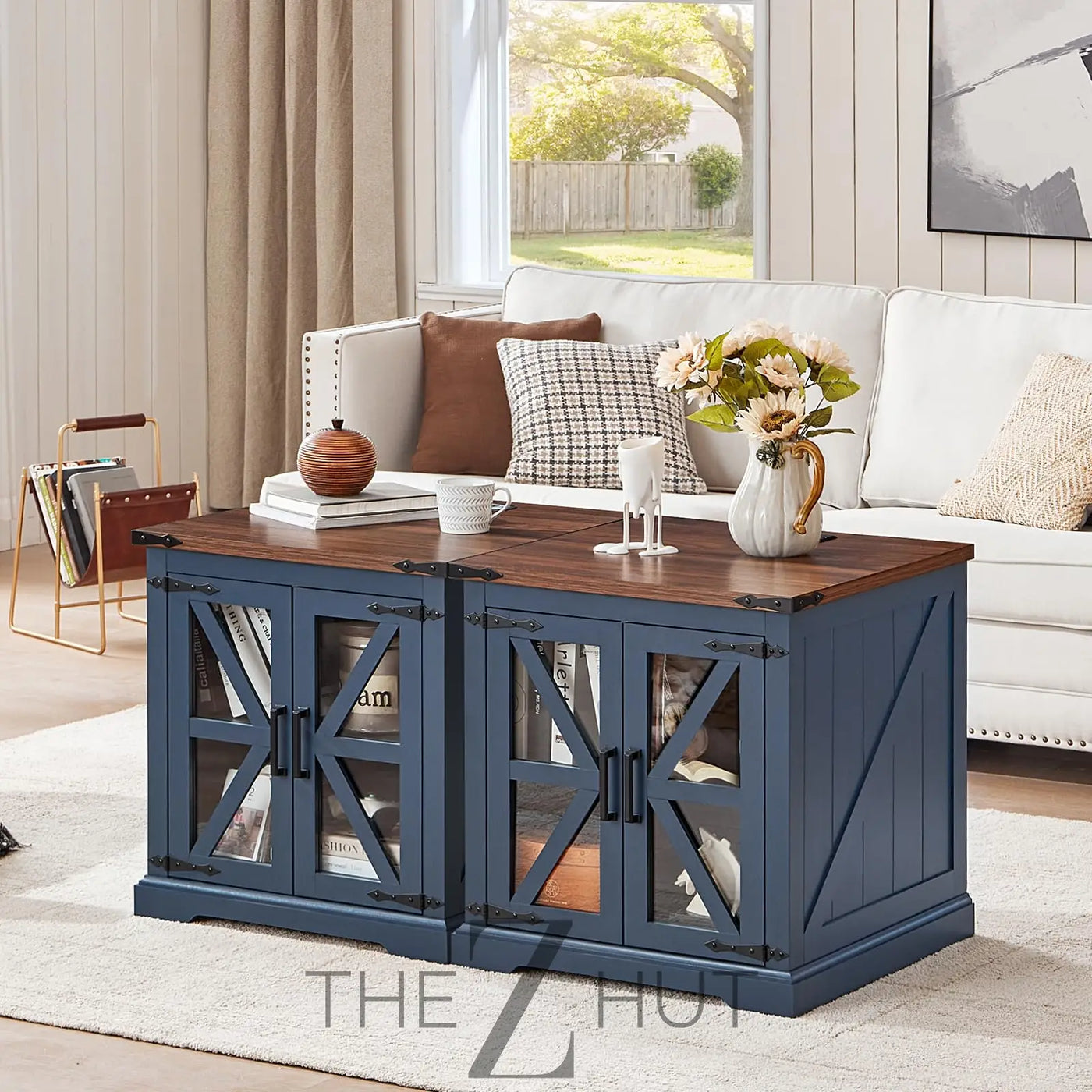 Farmhouse End Table Set of 2 with Charging Station, 24" Large Sofa Side Table with Glass Barn Door, Night Stand with Adjustable Shelf, Wood Nightstand, Square Bed Side Table for Living Room,Bedroom THE Z HUT