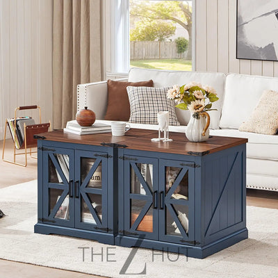 Farmhouse End Table Set of 2 with Charging Station, 24" Large Sofa Side Table with Glass Barn Door, Night Stand with Adjustable Shelf, Wood Nightstand, Square Bed Side Table for Living Room,Bedroom THE Z HUT