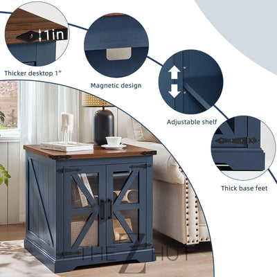Farmhouse End Table Set of 2 with Charging Station, 24" Large Sofa Side Table with Glass Barn Door, Night Stand with Adjustable Shelf, Wood Nightstand, Square Bed Side Table for Living Room,Bedroom THE Z HUT