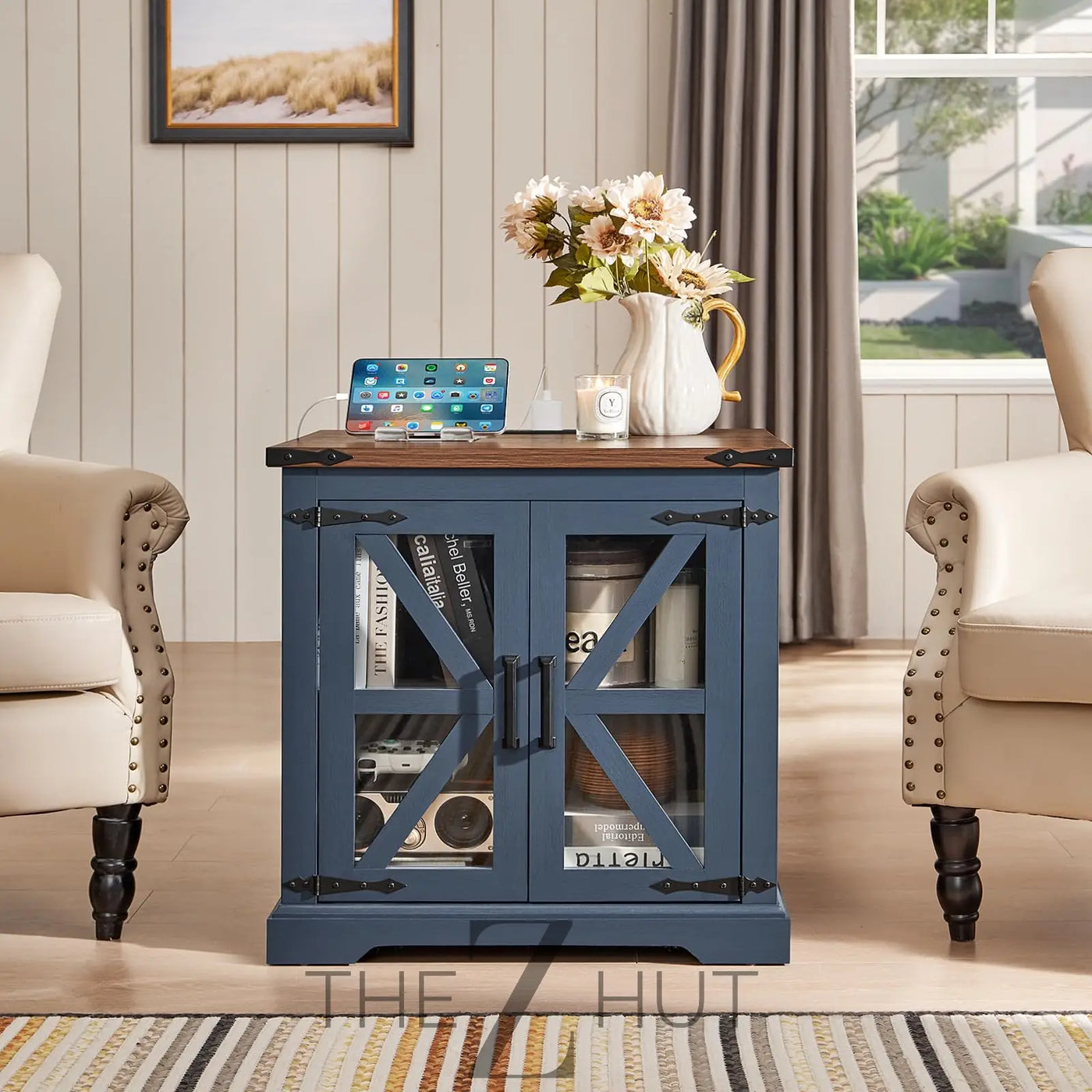 Farmhouse End Table Set of 2 with Charging Station, 24" Large Sofa Side Table with Glass Barn Door, Night Stand with Adjustable Shelf, Wood Nightstand, Square Bed Side Table for Living Room,Bedroom THE Z HUT