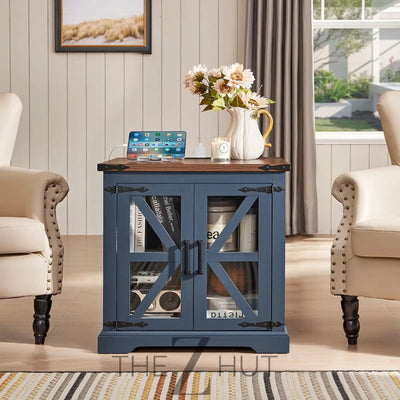 Farmhouse End Table Set of 2 with Charging Station, 24" Large Sofa Side Table with Glass Barn Door, Night Stand with Adjustable Shelf, Wood Nightstand, Square Bed Side Table for Living Room,Bedroom THE Z HUT