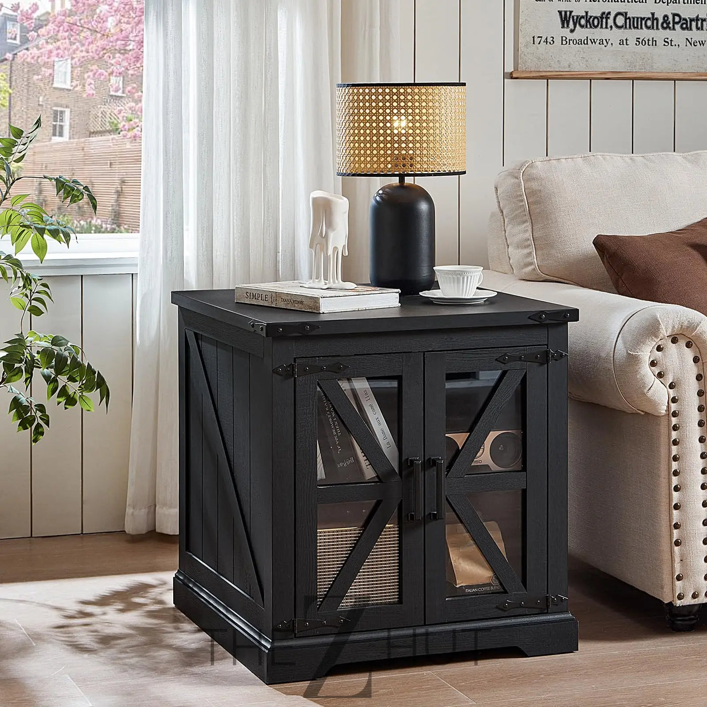 Farmhouse End Table Set of 2 with Charging Station, 24" Large Sofa Side Table with Glass Barn Door, Night Stand with Adjustable Shelf, Wood Nightstand, Square Bed Side Table for Living Room,Bedroom THE Z HUT