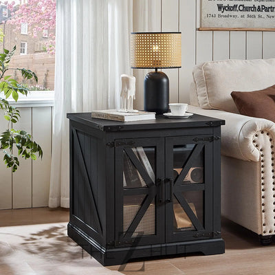 Farmhouse End Table Set of 2 with Charging Station, 24" Large Sofa Side Table with Glass Barn Door, Night Stand with Adjustable Shelf, Wood Nightstand, Square Bed Side Table for Living Room,Bedroom THE Z HUT