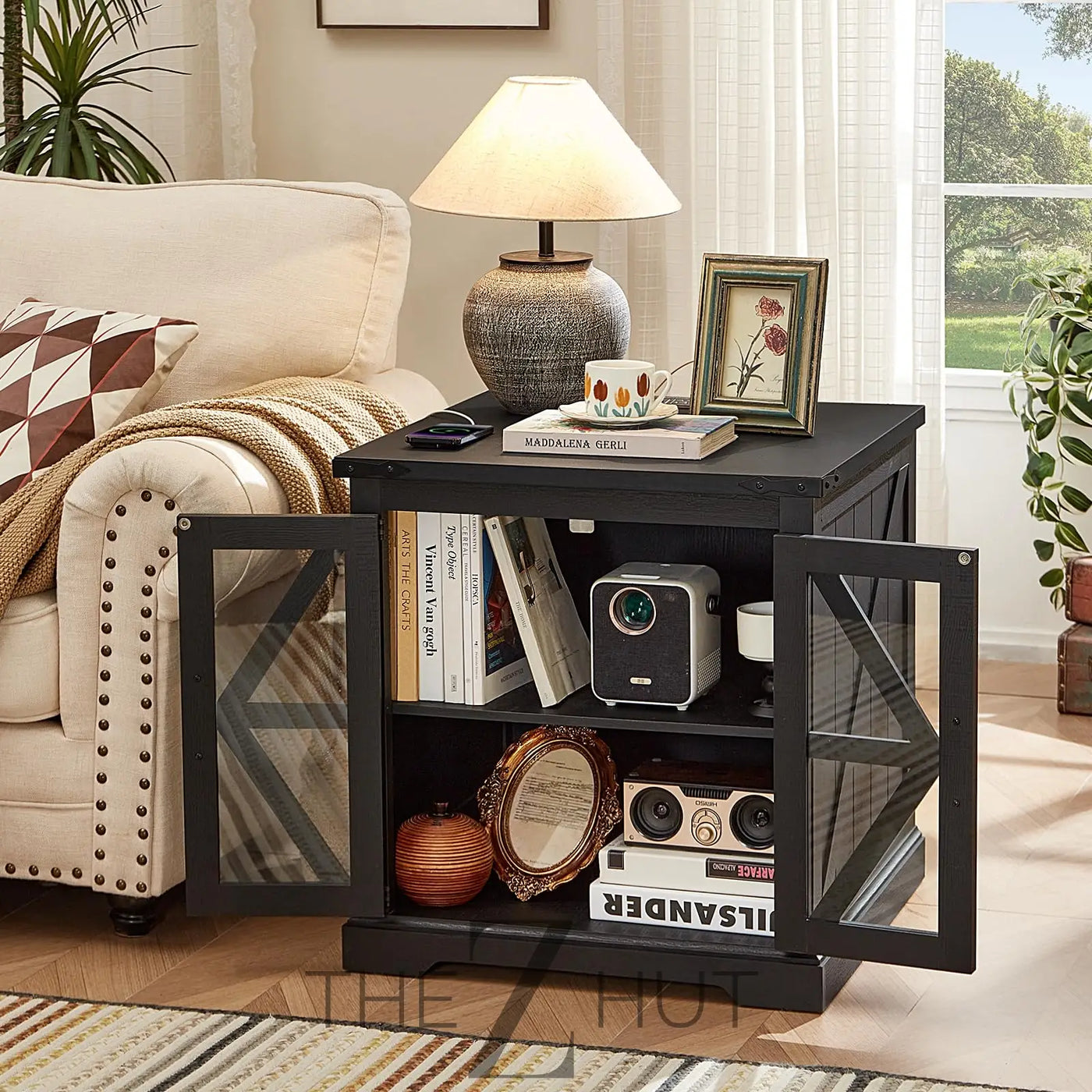 Farmhouse End Table Set of 2 with Charging Station, 24" Large Sofa Side Table with Glass Barn Door, Night Stand with Adjustable Shelf, Wood Nightstand, Square Bed Side Table for Living Room,Bedroom THE Z HUT