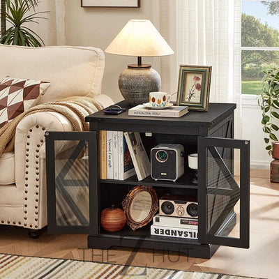Farmhouse End Table Set of 2 with Charging Station, 24" Large Sofa Side Table with Glass Barn Door, Night Stand with Adjustable Shelf, Wood Nightstand, Square Bed Side Table for Living Room,Bedroom THE Z HUT