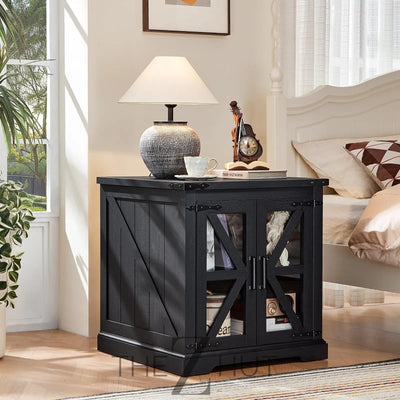Farmhouse End Table Set of 2 with Charging Station, 24" Large Sofa Side Table with Glass Barn Door, Night Stand with Adjustable Shelf, Wood Nightstand, Square Bed Side Table for Living Room,Bedroom THE Z HUT