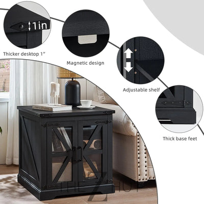 Farmhouse End Table Set of 2 with Charging Station, 24" Large Sofa Side Table with Glass Barn Door, Night Stand with Adjustable Shelf, Wood Nightstand, Square Bed Side Table for Living Room,Bedroom THE Z HUT