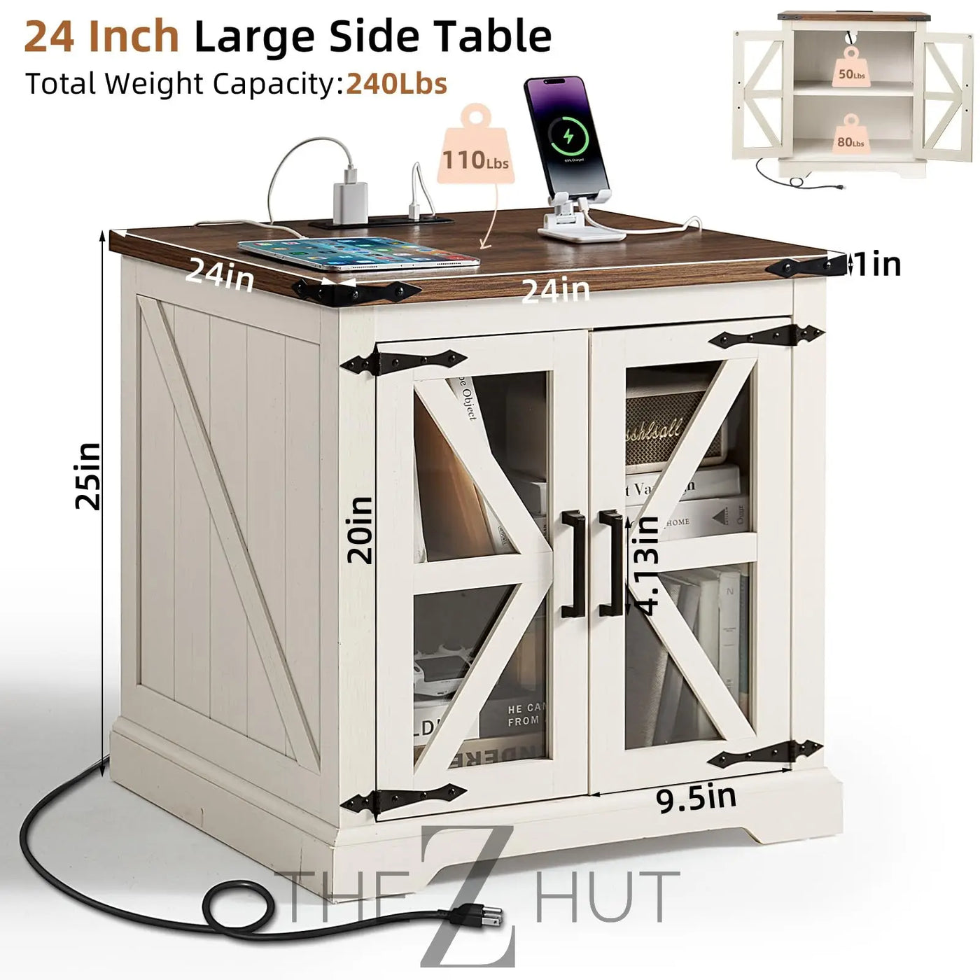 Farmhouse End Table Set of 2 with Charging Station, 24" Large Sofa Side Table with Glass Barn Door, Night Stand with Adjustable Shelf, Wood Nightstand, Square Bed Side Table for Living Room,Bedroom THE Z HUT