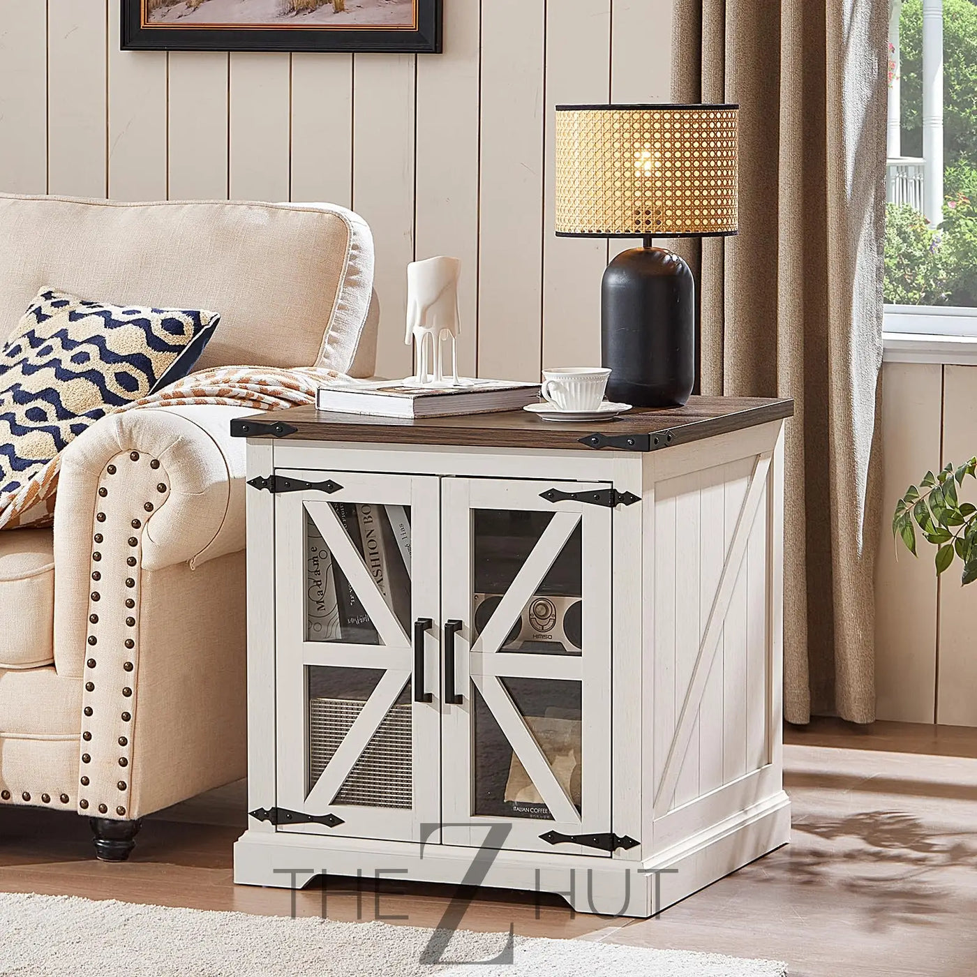 Farmhouse End Table Set of 2 with Charging Station, 24" Large Sofa Side Table with Glass Barn Door, Night Stand with Adjustable Shelf, Wood Nightstand, Square Bed Side Table for Living Room,Bedroom THE Z HUT