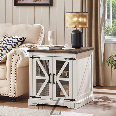 Farmhouse End Table Set of 2 with Charging Station, 24" Large Sofa Side Table with Glass Barn Door, Night Stand with Adjustable Shelf, Wood Nightstand, Square Bed Side Table for Living Room,Bedroom THE Z HUT