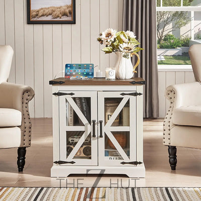 Farmhouse End Table Set of 2 with Charging Station, 24" Large Sofa Side Table with Glass Barn Door, Night Stand with Adjustable Shelf, Wood Nightstand, Square Bed Side Table for Living Room,Bedroom THE Z HUT