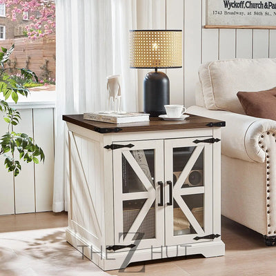 Farmhouse End Table Set of 2 with Charging Station, 24" Large Sofa Side Table with Glass Barn Door, Night Stand with Adjustable Shelf, Wood Nightstand, Square Bed Side Table for Living Room,Bedroom THE Z HUT