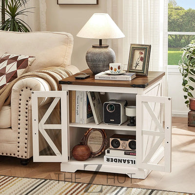 Farmhouse End Table Set of 2 with Charging Station, 24" Large Sofa Side Table with Glass Barn Door, Night Stand with Adjustable Shelf, Wood Nightstand, Square Bed Side Table for Living Room,Bedroom THE Z HUT