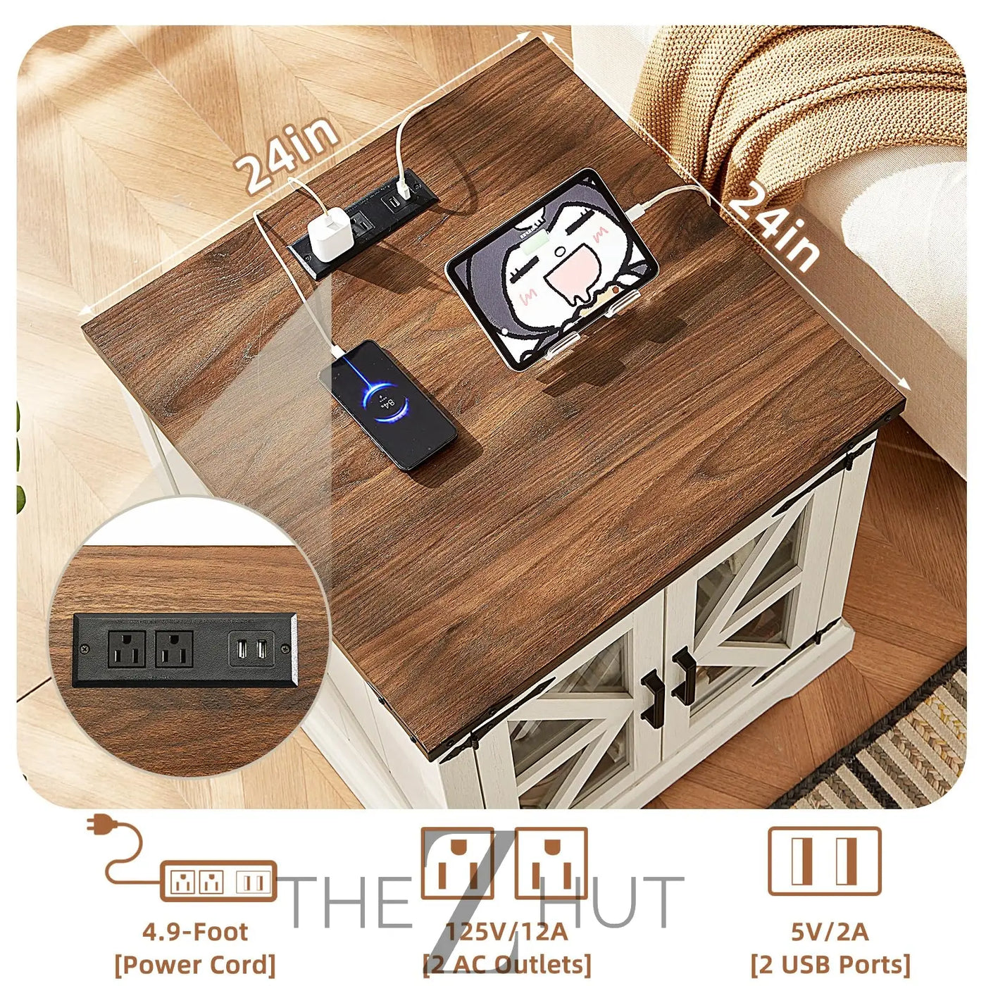 Farmhouse End Table Set of 2 with Charging Station, 24" Large Sofa Side Table with Glass Barn Door, Night Stand with Adjustable Shelf, Wood Nightstand, Square Bed Side Table for Living Room,Bedroom THE Z HUT